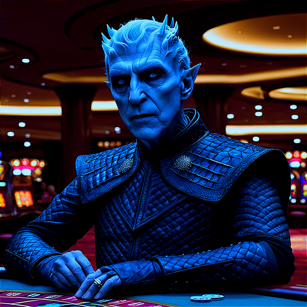Mysterious Figure at Casino Table with Blue Skin