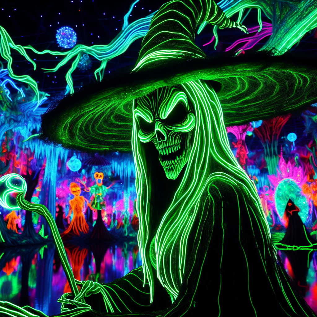 Sinister Witch in Neon-Lit Halloween Scene