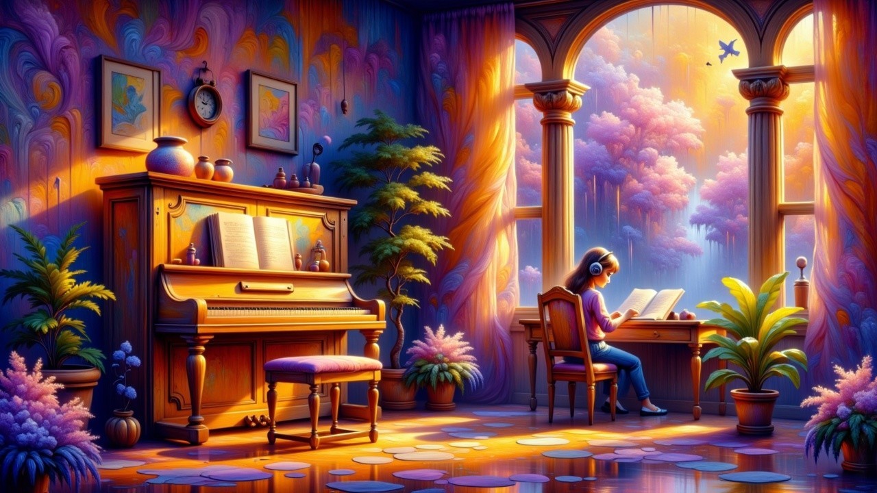 Colorful Dreamlike Room with Reading and Piano