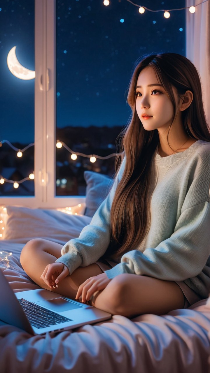 Cozy Bedroom Scene with Fairy Lights and Laptop Use