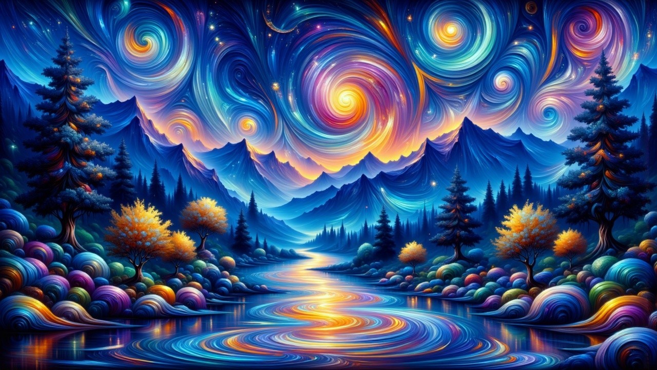Vibrant Landscape with Galaxies and Majestic Mountains