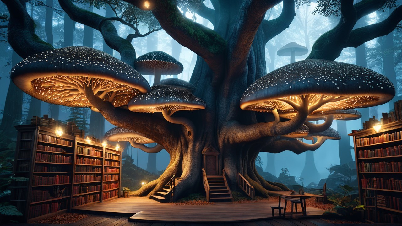 Ancient Tree with Luminous Mushrooms in a Forest Nook