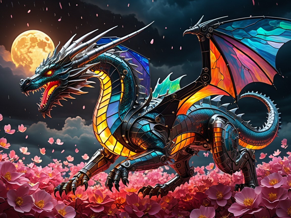 Majestic dragon in vibrant flowers under a full moon