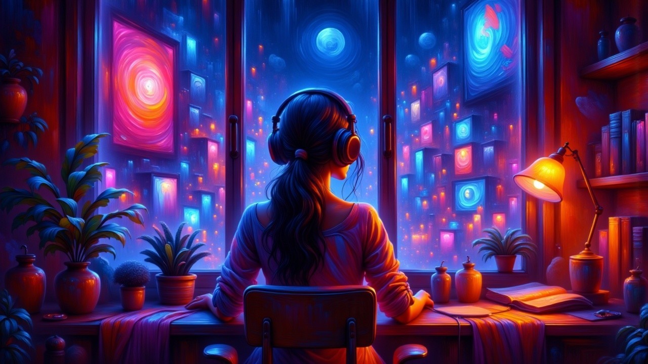 Futuristic Room with Digital Landscape and Soft Lighting