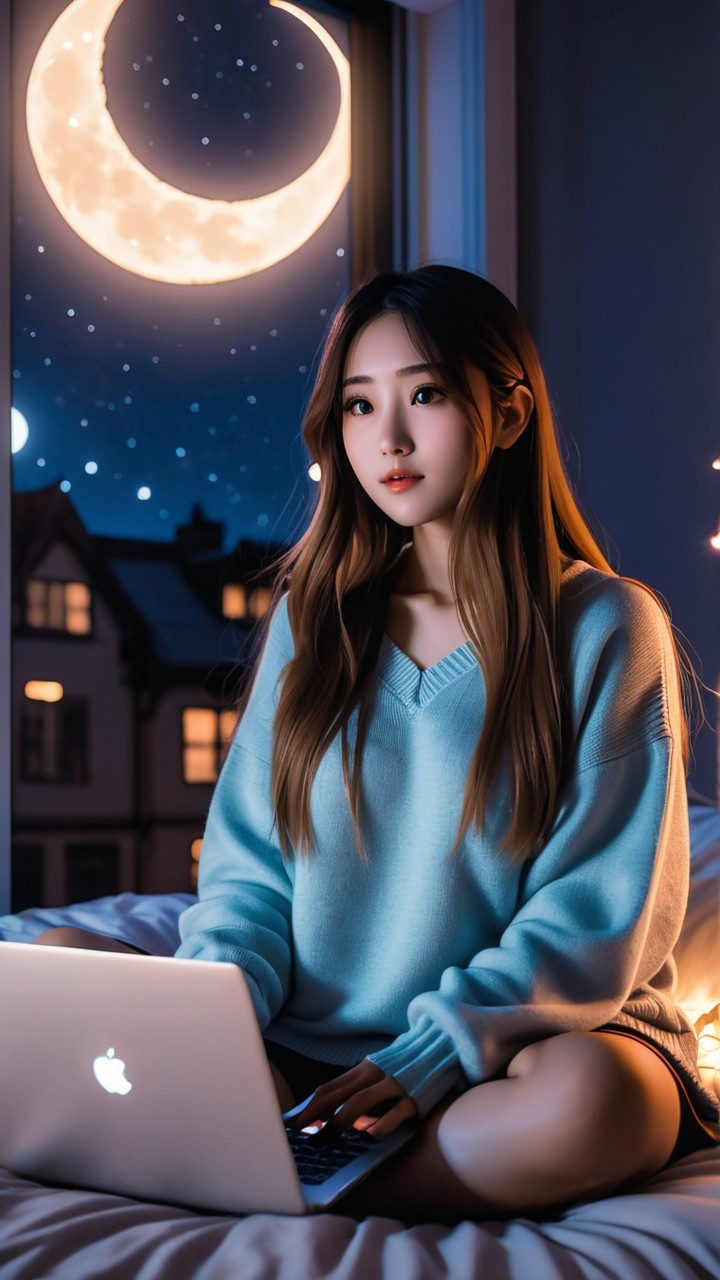 Young woman in cozy sweater using laptop in bed