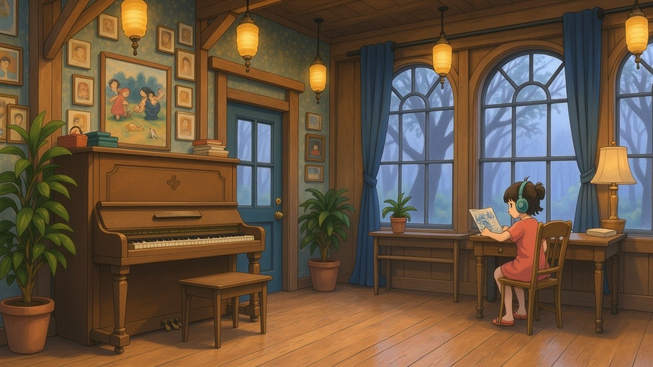 Cozy Room with Piano, Plants, and Young Girl at Desk