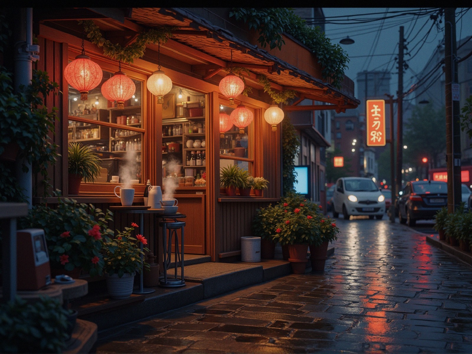 Cozy Dusk Street Scene with Lanterns and Café