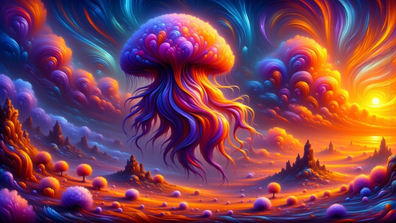 Surreal Landscape with Jellyfish Creature and Colors