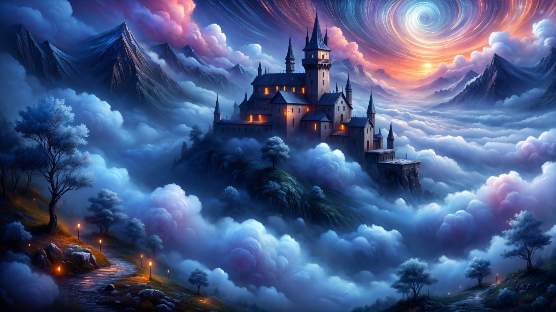 Mystical Castle on Floating Island at Sunset