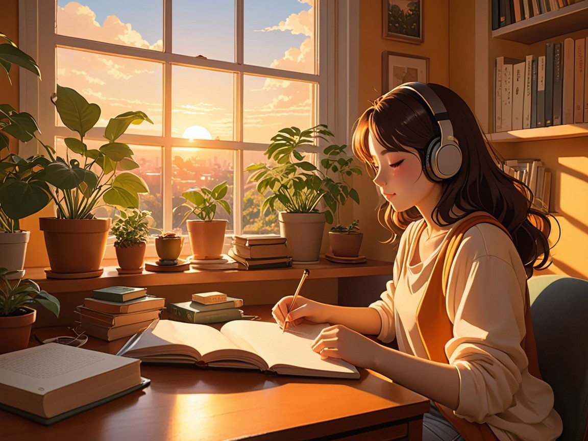 Cozy Study Scene with Young Woman Writing by Window