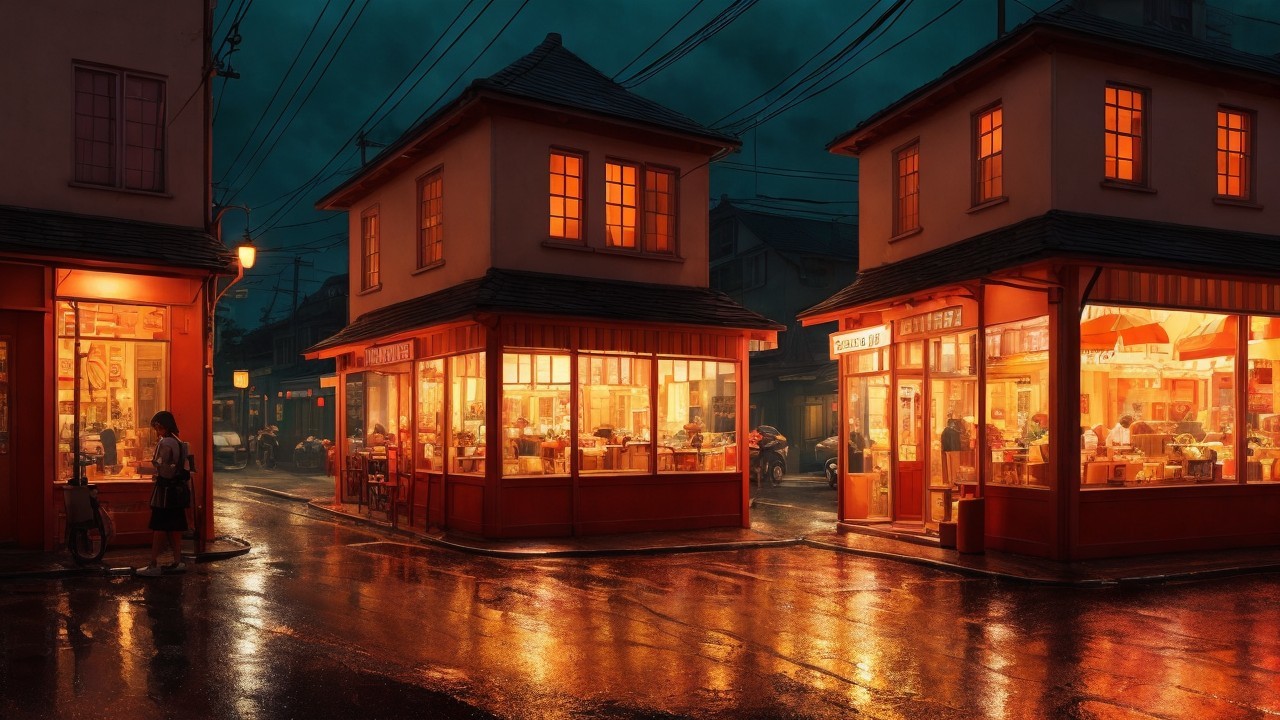 Charming Twilight Street with Illuminated Storefronts