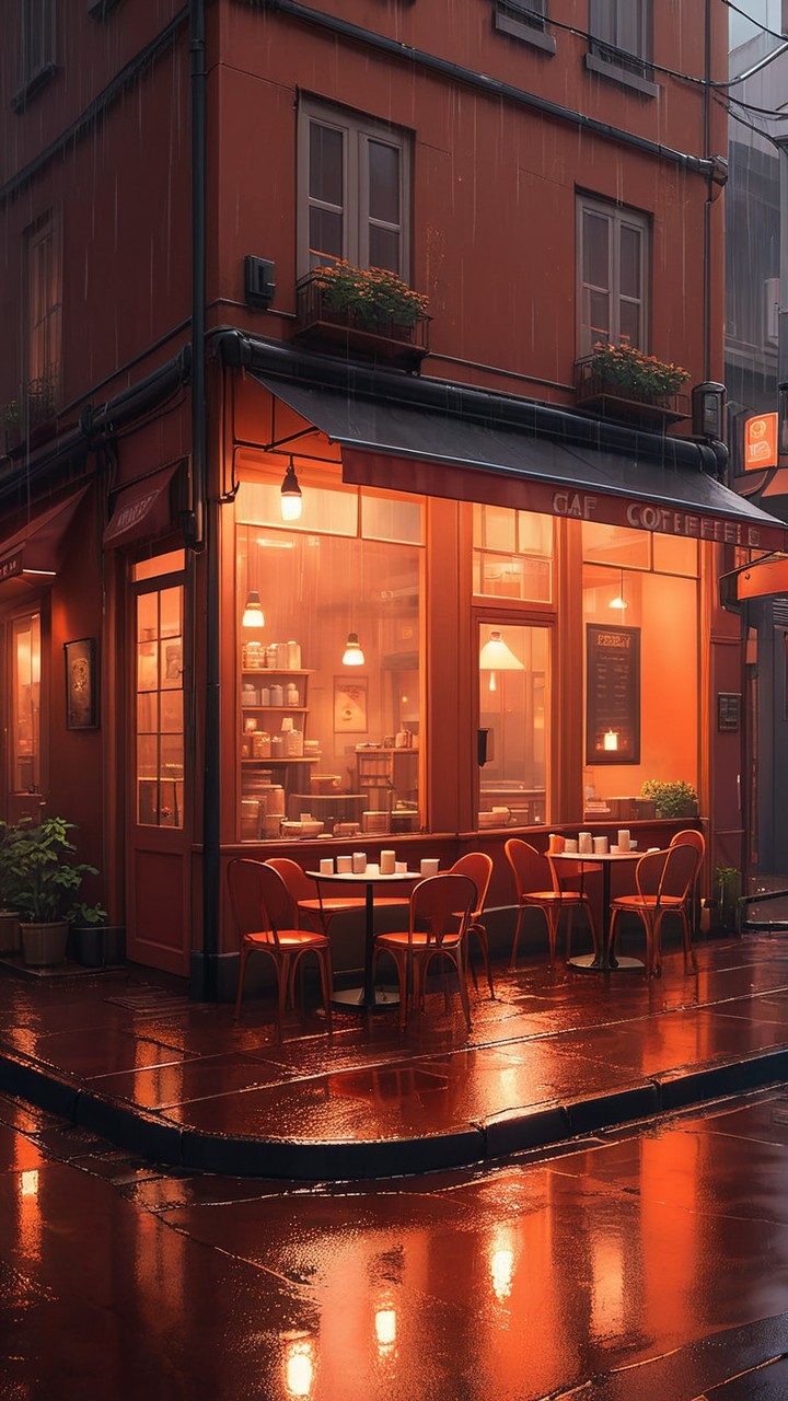 Cozy cafe with warm lighting and vibrant outdoor seating