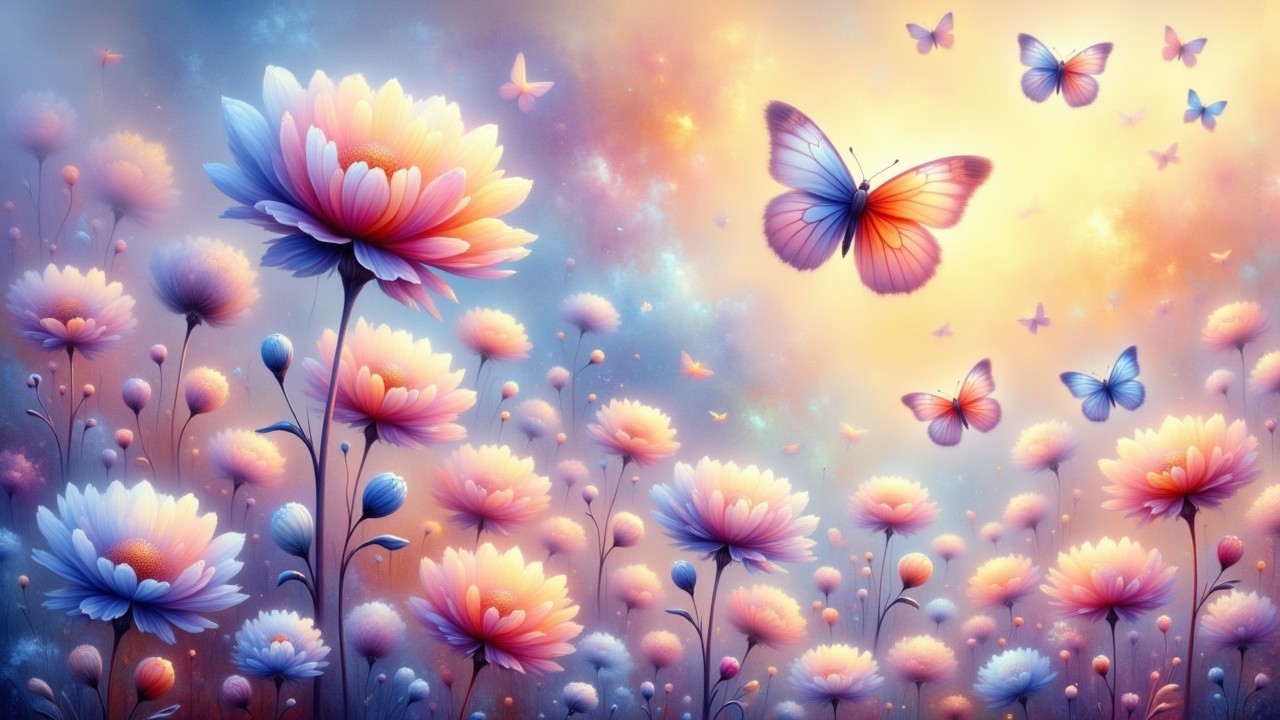 Pastel Flower Landscape with Butterflies in Soft Light