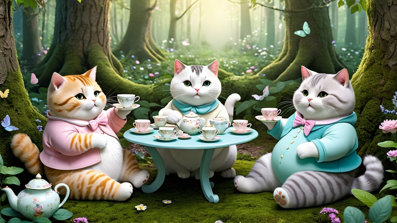 Cats Having Tea in a Whimsical Forest Setting