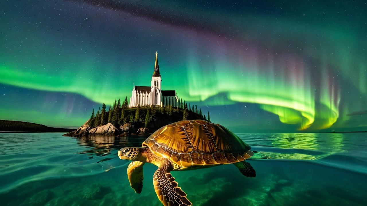 Turtle Swimming Under Northern Lights with Church Island