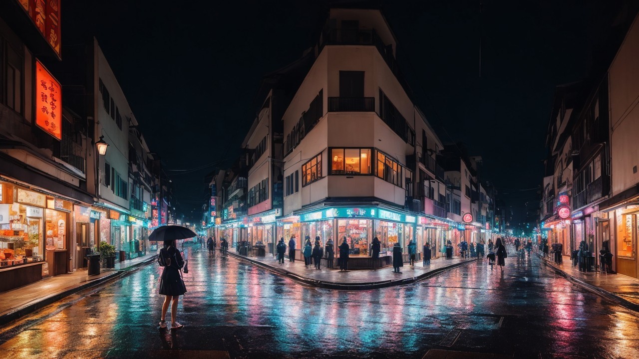 Vibrant Urban Scene of a Rainy Evening Street