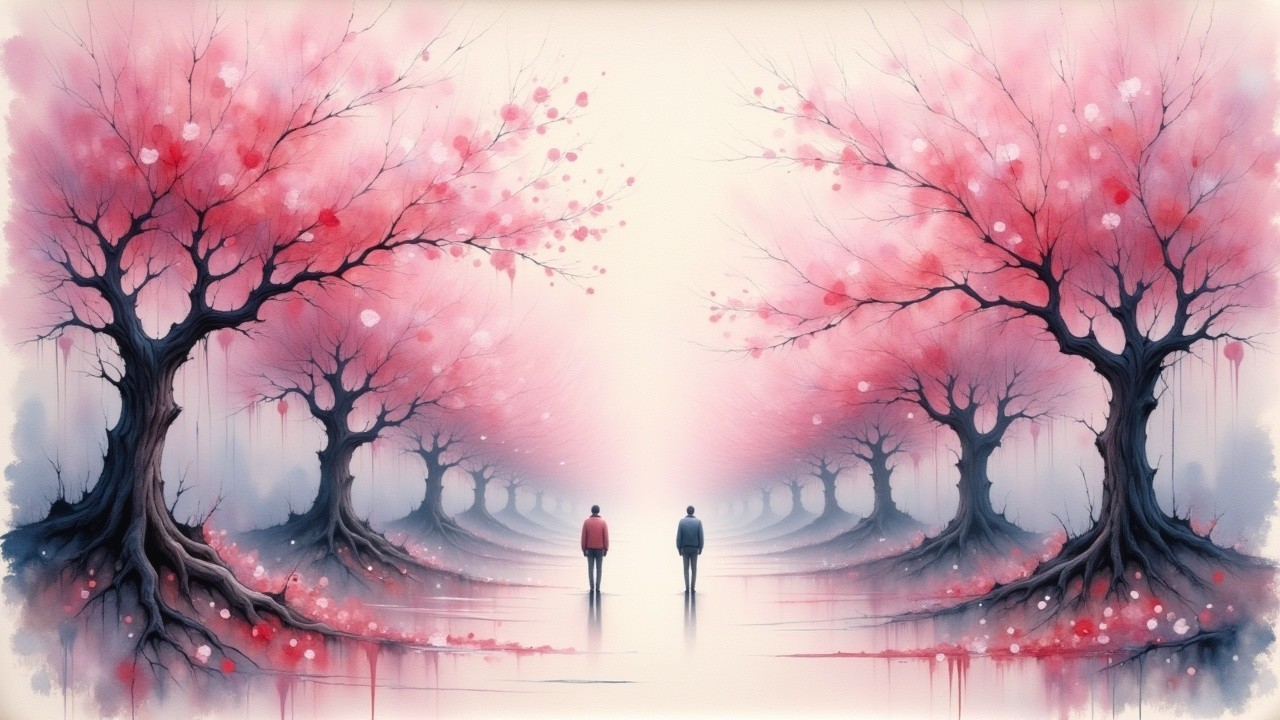 Serene Pathway with Cherry Blossom Trees and Mist