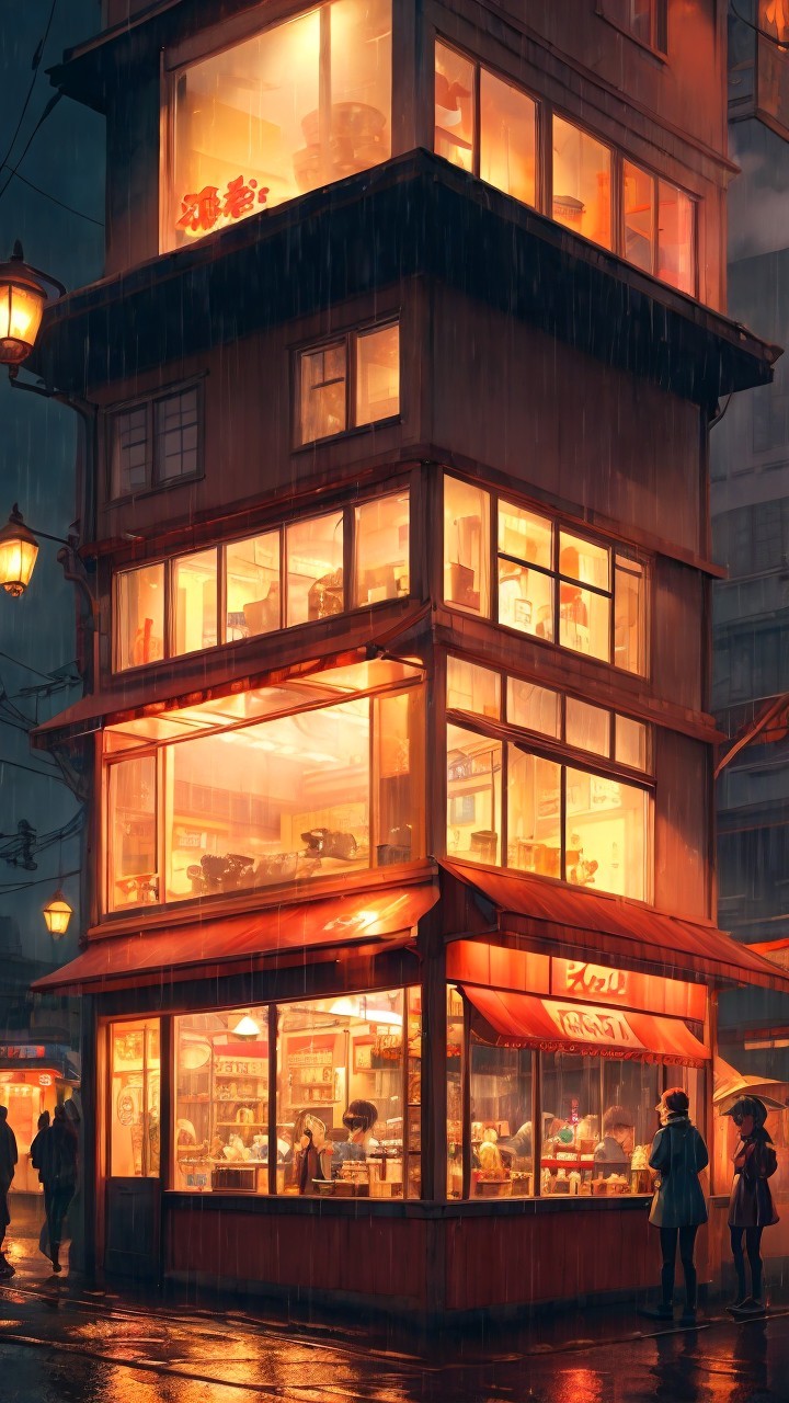 Cozy Multi-Story Restaurant on a Rainy Night