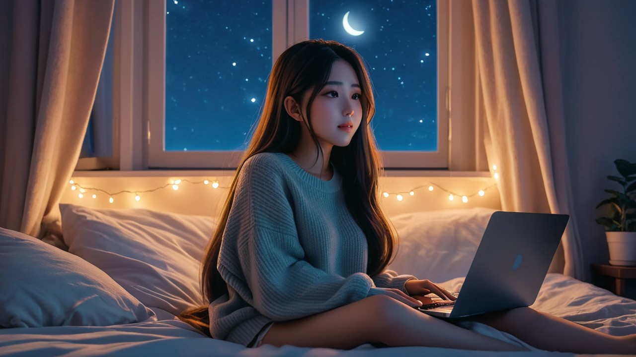 Cozy Bedroom Scene with Fairy Lights and Laptop