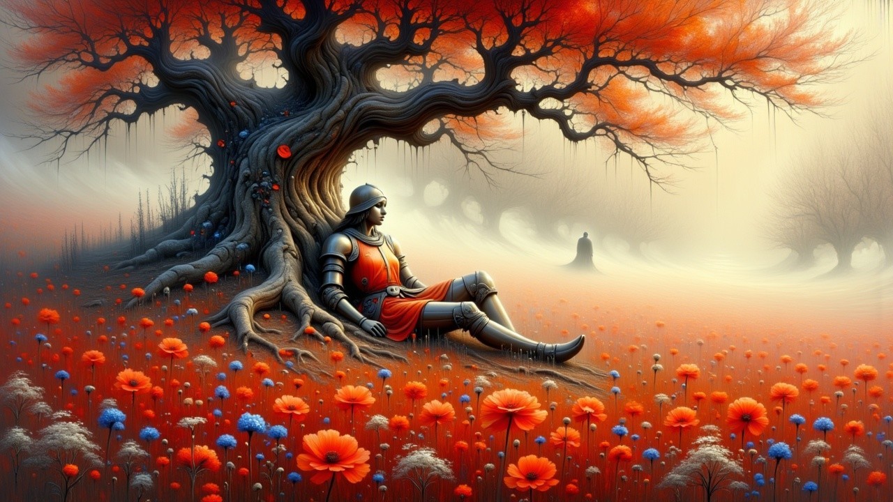 Serene landscape with knight and ancient gnarled tree