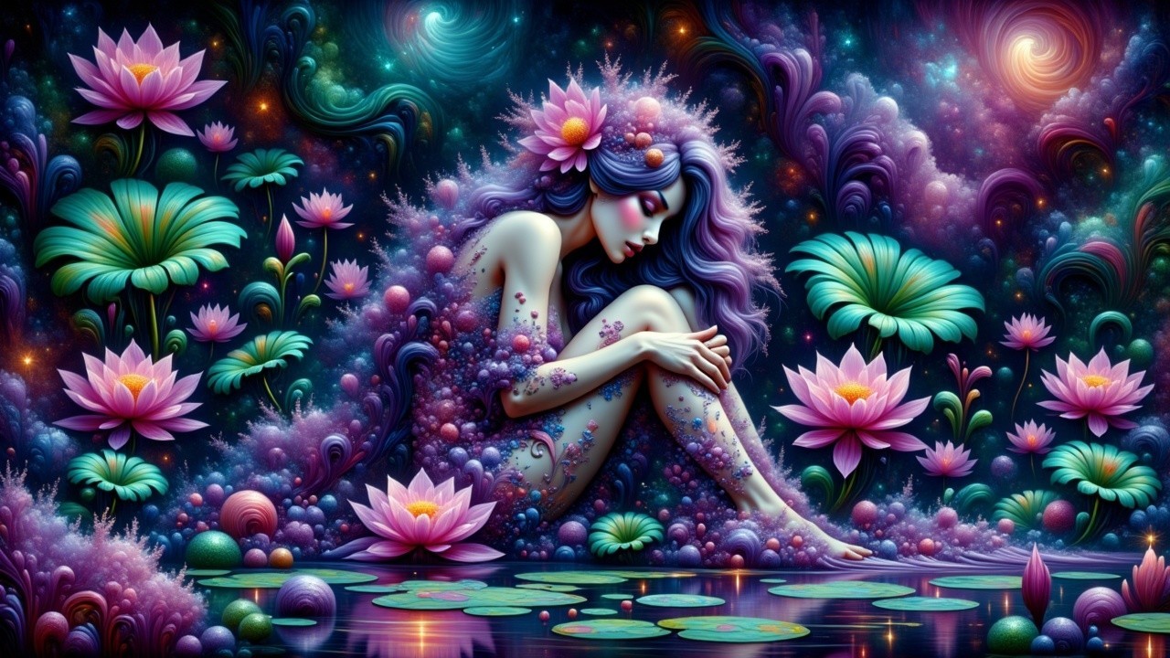 Ethereal Figure Surrounded by Lotus Flowers and Cosmos