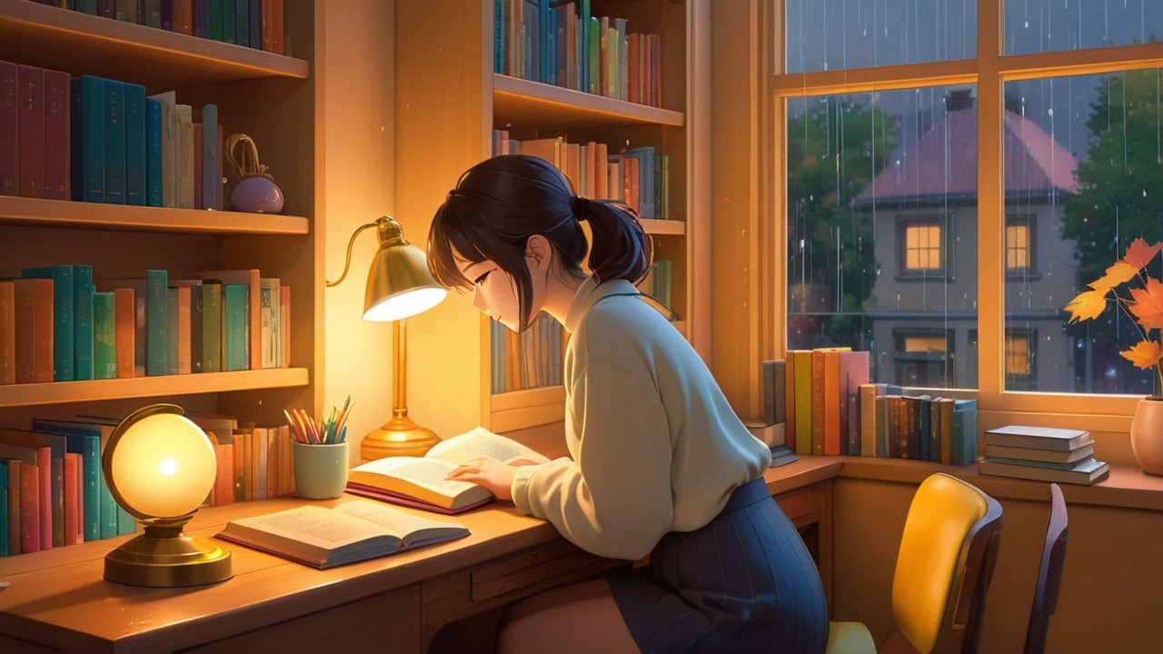 Cozy Study Scene with Books and Rainy Atmosphere