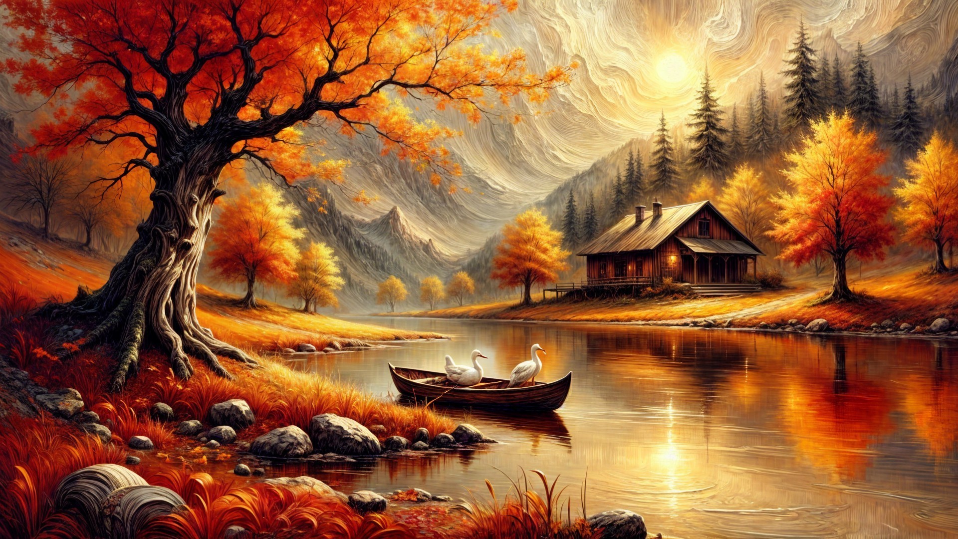 Autumn Landscape with River, Trees, and Cabin