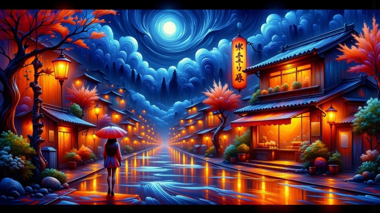 Nighttime Scene of Illuminated Japanese Street