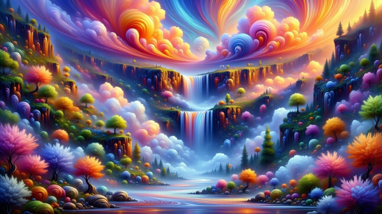 Vibrant Landscape with Cascading Waterfalls and Colorful Sky