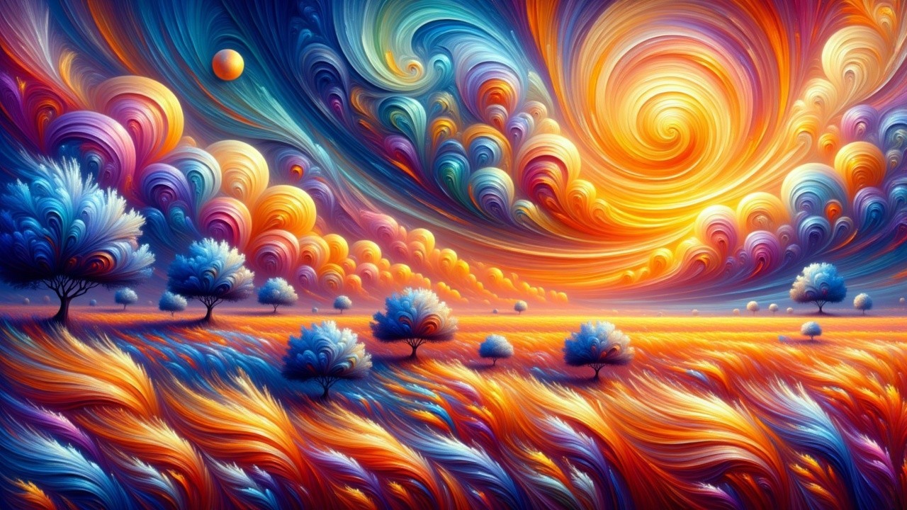 Vibrant Landscape with Colorful Swirling Clouds
