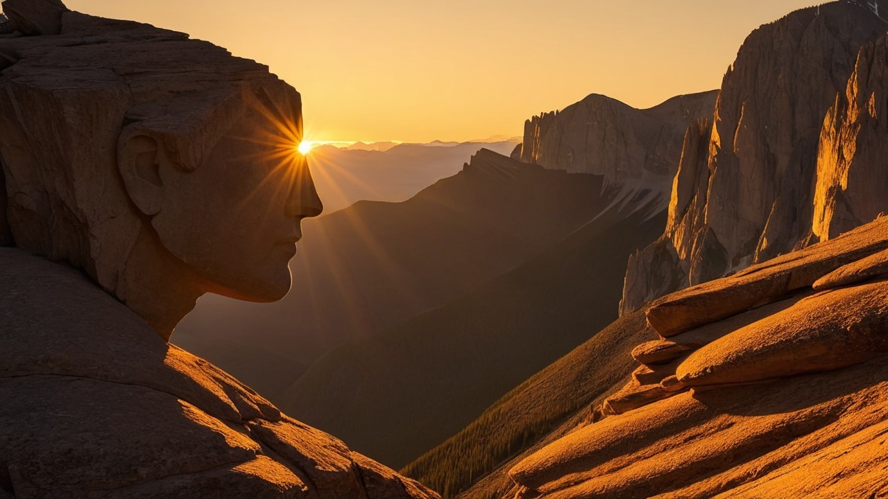 Sunset Over Stone Face Among Rugged Mountains