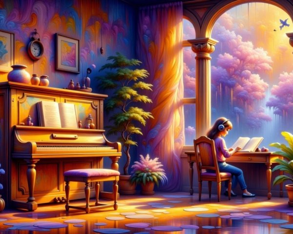 Colorful Dreamlike Room with Reading and Piano