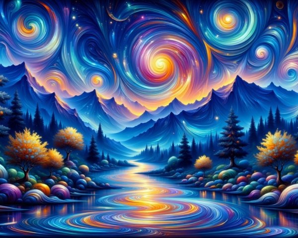 Vibrant Landscape with Galaxies and Majestic Mountains