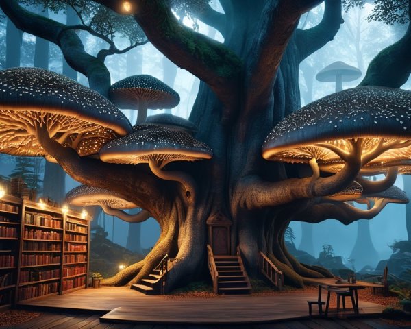 Ancient Tree with Luminous Mushrooms in a Forest Nook