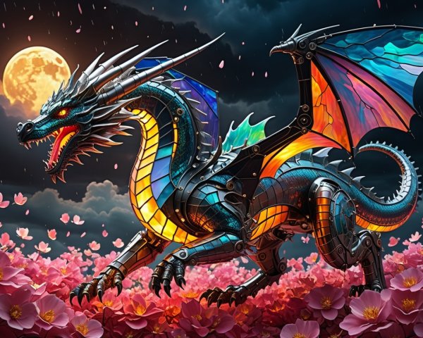 Majestic dragon in vibrant flowers under a full moon