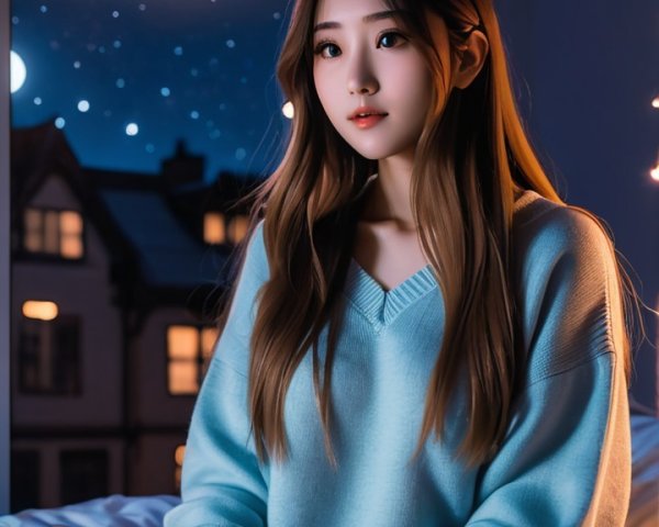 Young woman in cozy sweater using laptop in bed