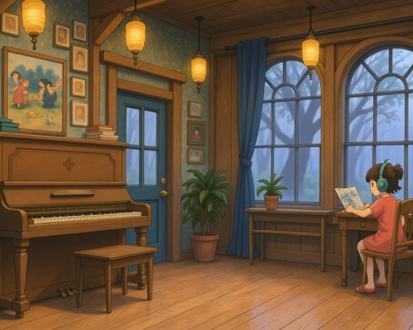 Cozy Room with Piano, Plants, and Young Girl at Desk