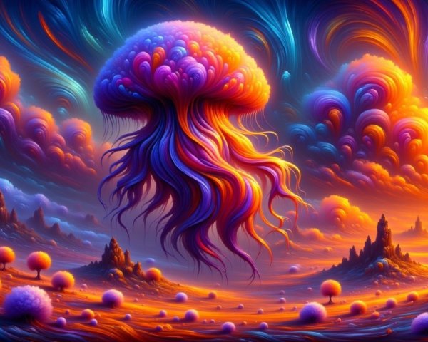 Surreal Landscape with Jellyfish Creature and Colors