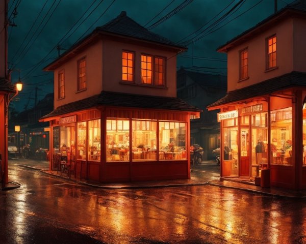 Charming Twilight Street with Illuminated Storefronts