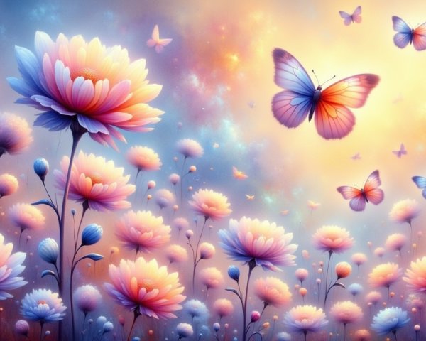 Pastel Flower Landscape with Butterflies in Soft Light