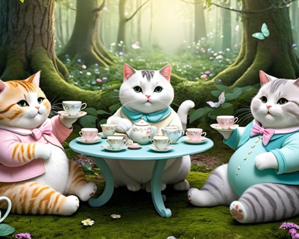 Cats Having Tea in a Whimsical Forest Setting