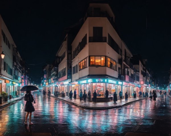 Vibrant Urban Scene of a Rainy Evening Street