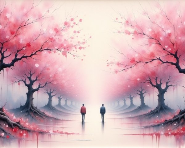 Serene Pathway with Cherry Blossom Trees and Mist