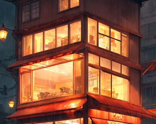 Cozy Multi-Story Restaurant on a Rainy Night