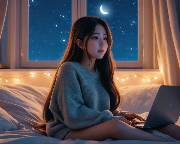 Cozy Bedroom Scene with Fairy Lights and Laptop