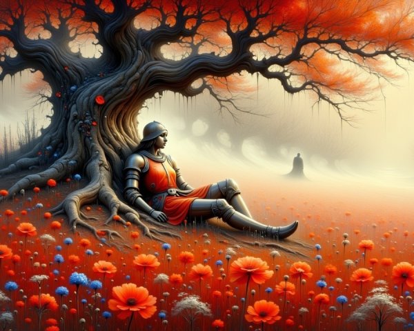 Serene landscape with knight and ancient gnarled tree