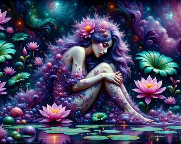 Ethereal Figure Surrounded by Lotus Flowers and Cosmos