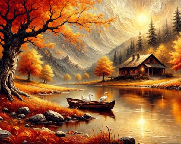 Autumn Landscape with River, Trees, and Cabin