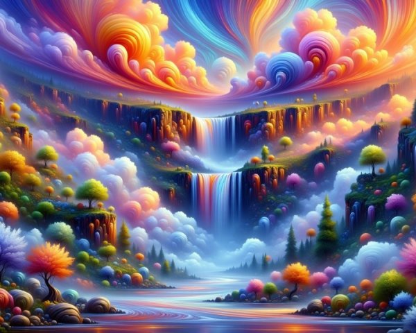 Vibrant Landscape with Cascading Waterfalls and Colorful Sky