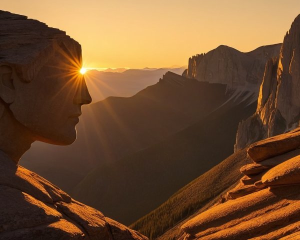Sunset Over Stone Face Among Rugged Mountains